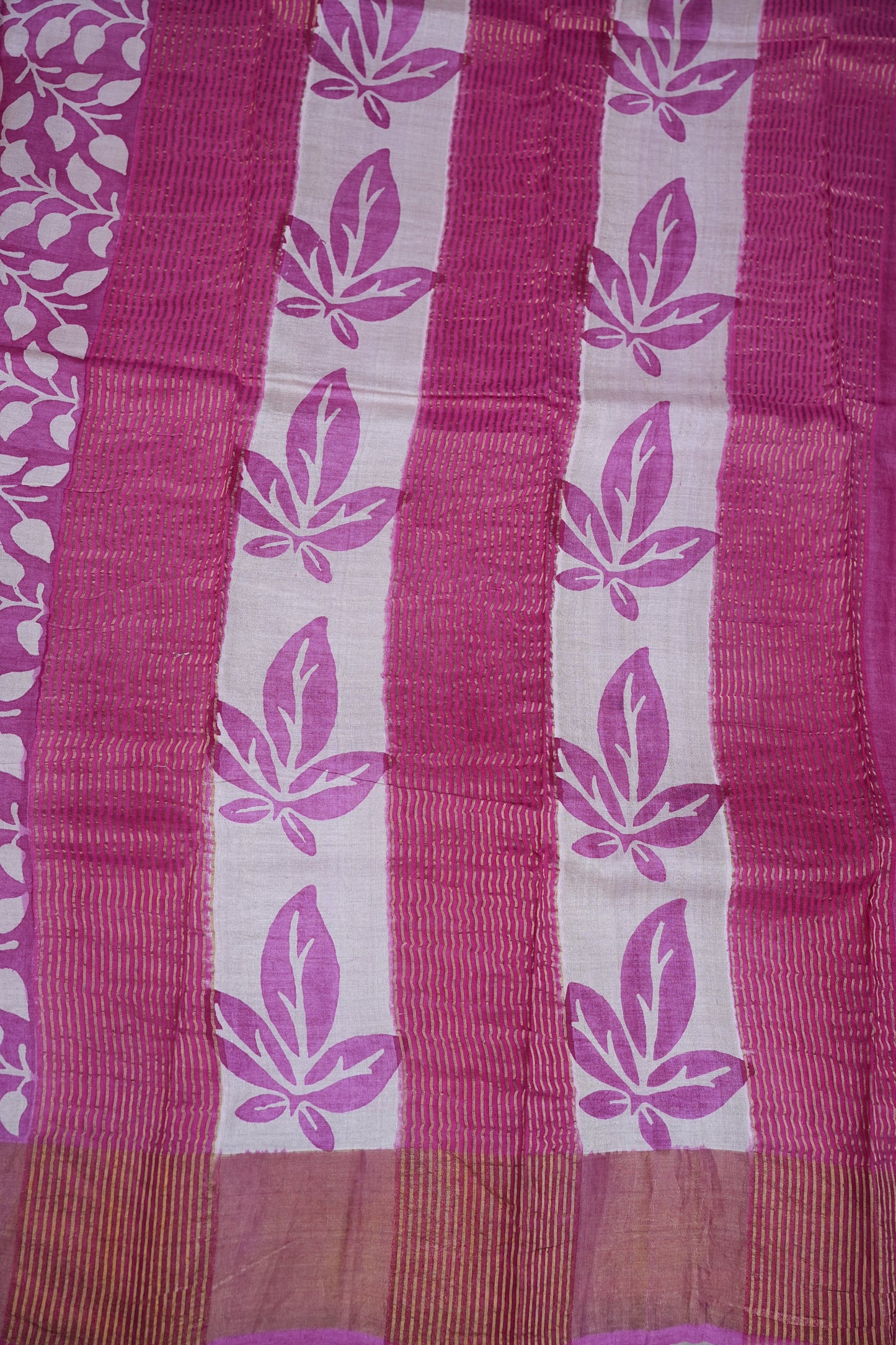 Pure Tussar Silk Saree in Magenta Pink with Leaf Vines|Silk Mark Certified