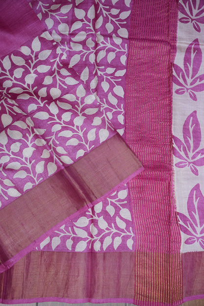 Pure Tussar Silk Saree in Magenta Pink with Leaf Vines|Silk Mark Certified