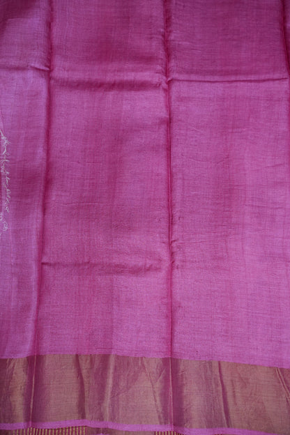 Pure Tussar Silk Saree in Magenta Pink with Leaf Vines|Silk Mark Certified