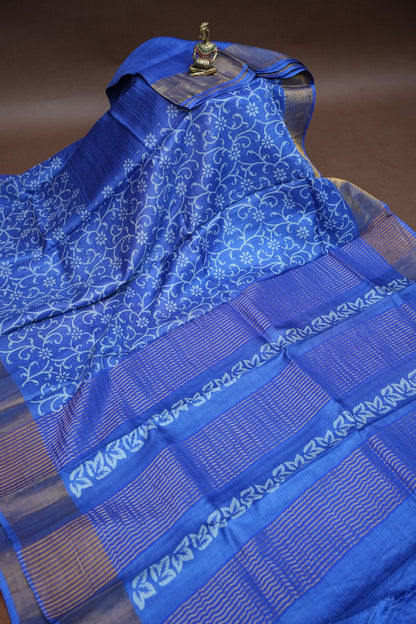 Pure Tussar Silk Saree in Royal Blue|Silk Mark Certified