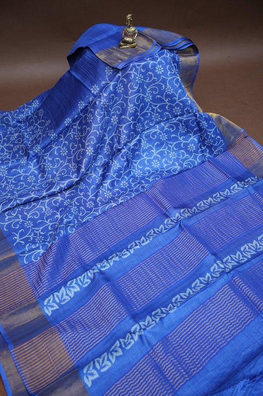 Pure Tussar Silk Saree in Royal Blue|Silk Mark Certified