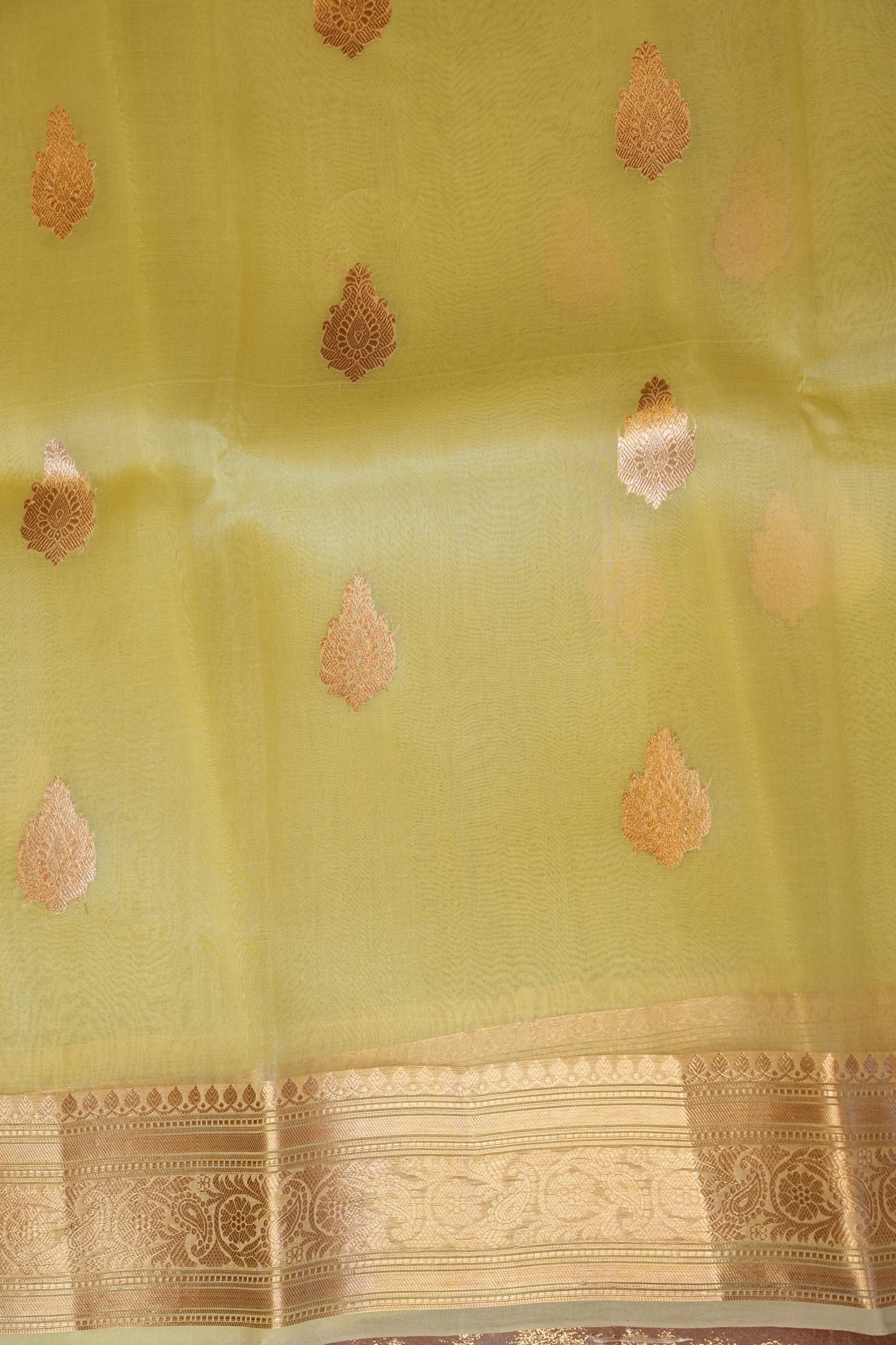 Pure Banarasi Organza(Kora) Silk Handloom Saree with Rose Gold Zari Buttas & Border – Lemon Yellow | Silk Mark Certified