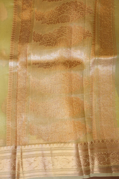 Pure Banarasi Organza(Kora) Silk Handloom Saree with Rose Gold Zari Buttas & Border – Lemon Yellow | Silk Mark Certified