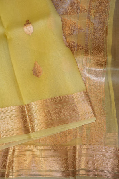 Pure Banarasi Organza(Kora) Silk Handloom Saree with Rose Gold Zari Buttas & Border – Lemon Yellow | Silk Mark Certified