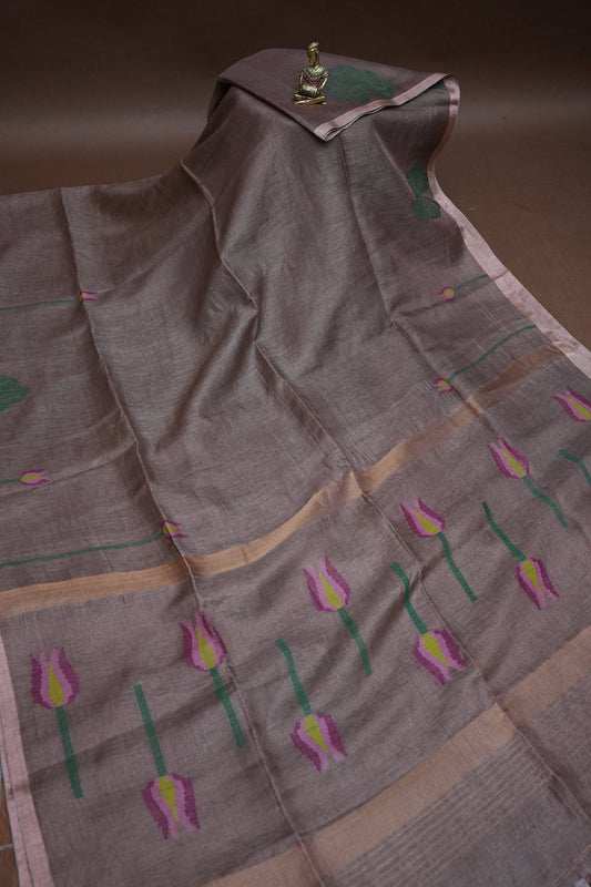 Pure Silk Linen Tissue Handwoven Jamdani Saree – sand dune with Lotus Motifs