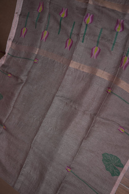Pure Silk Linen Tissue Handwoven Jamdani Saree – sand dune with Lotus Motifs