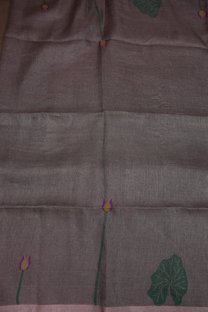 Pure Silk Linen Tissue Handwoven Jamdani Saree – sand dune with Lotus Motifs
