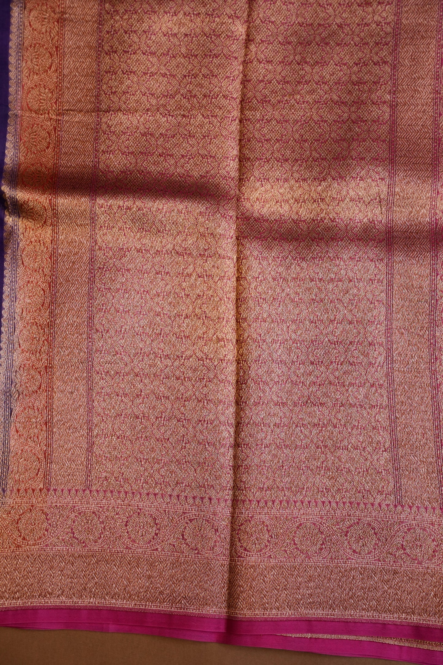 Pure Banarasi Organza(Kora) Silk Handloom Saree with Antique Zari Buttas & Border – Deep Purple & Pink | Silk Mark Certified