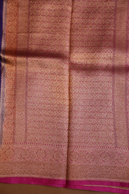 Pure Banarasi Organza(Kora) Silk Handloom Saree with Antique Zari Buttas & Border – Deep Purple & Pink | Silk Mark Certified