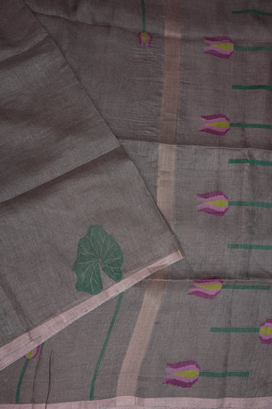 Pure Silk Linen Tissue Handwoven Jamdani Saree – sand dune with Lotus Motifs
