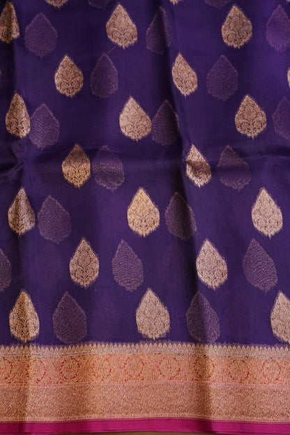 Pure Banarasi Organza(Kora) Silk Handloom Saree with Antique Zari Buttas & Border – Deep Purple & Pink | Silk Mark Certified