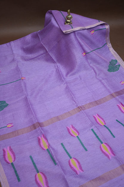 Pure Silk Linen Tissue Handwoven Jamdani Saree – Lavender with Floral Jamdani Weaving
