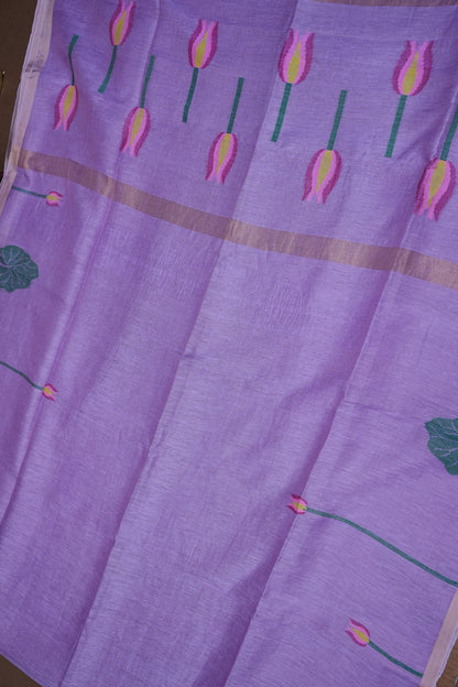 Pure Silk Linen Tissue Handwoven Jamdani Saree – Lavender with Floral Jamdani Weaving