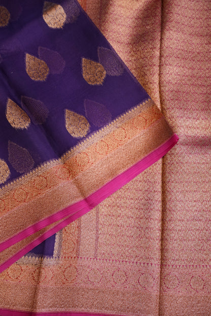Pure Banarasi Organza(Kora) Silk Handloom Saree with Antique Zari Buttas & Border – Deep Purple & Pink | Silk Mark Certified