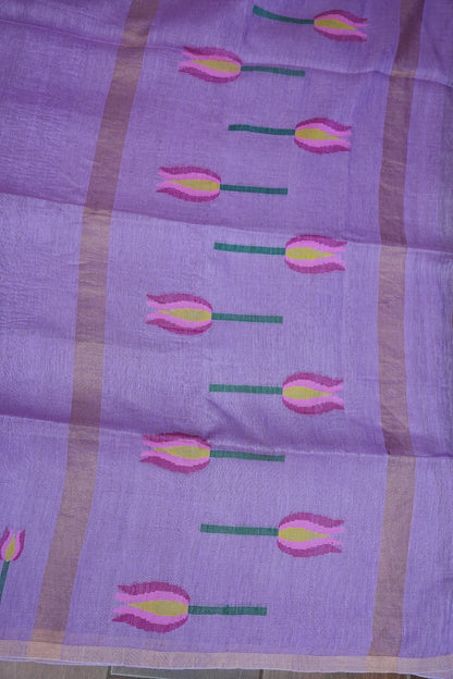 Pure Silk Linen Tissue Handwoven Jamdani Saree – Lavender with Floral Jamdani Weaving