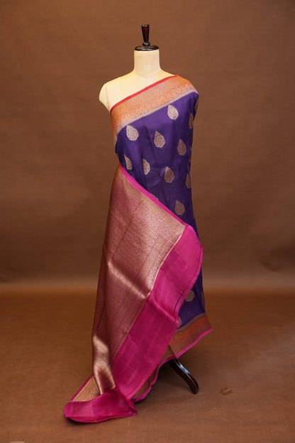 Pure Banarasi Organza(Kora) Silk Handloom Saree with Antique Zari Buttas & Border – Deep Purple & Pink | Silk Mark Certified