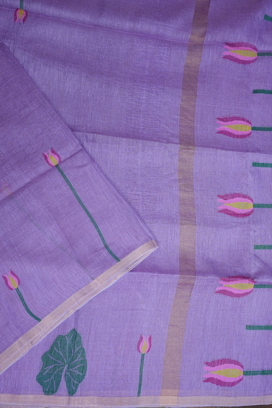 Pure Silk Linen Tissue Handwoven Jamdani Saree – Lavender with Floral Jamdani Weaving