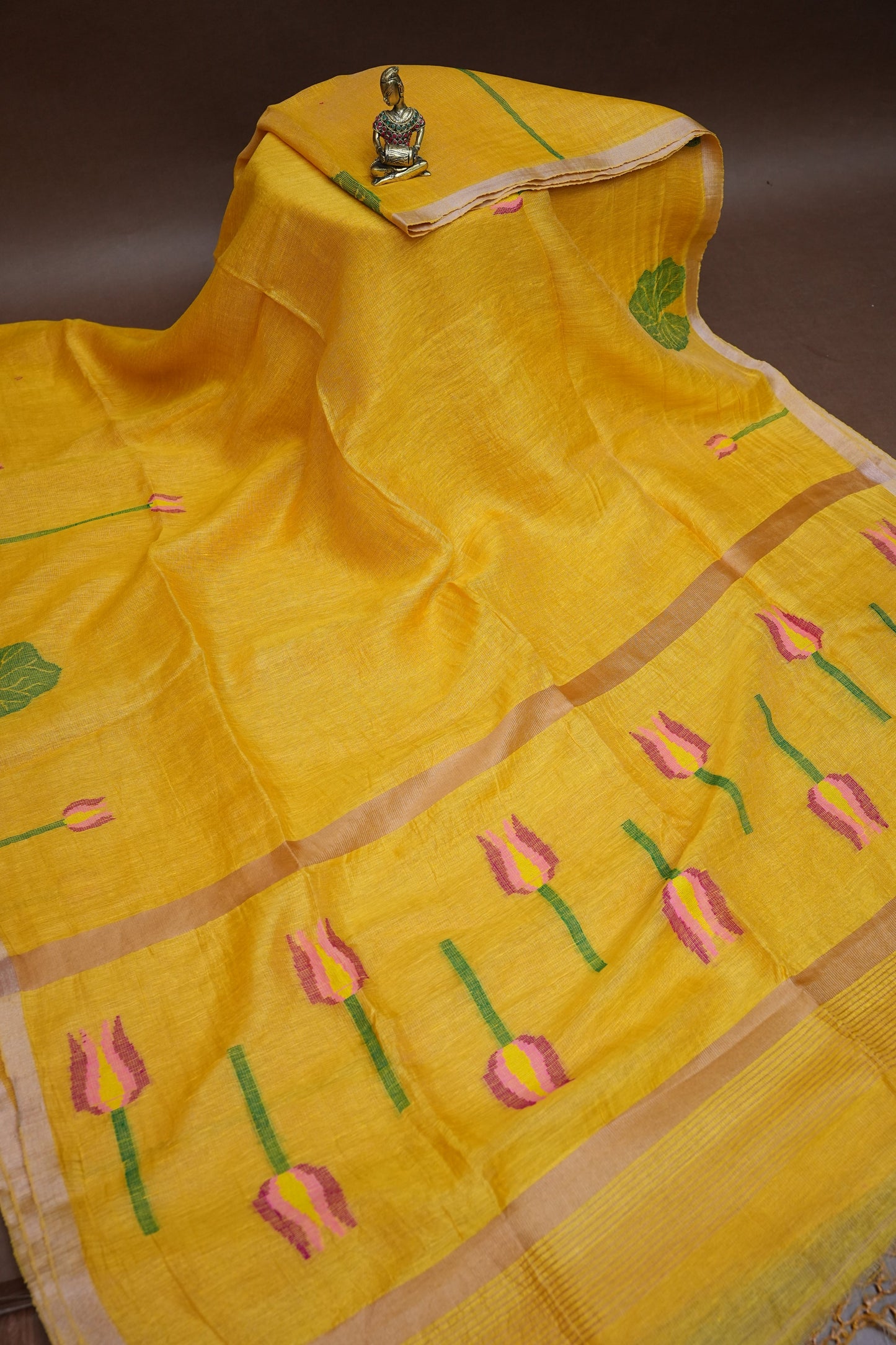 Pure Silk Linen Tissue Handwoven Jamdani Saree – Mustard Yellow with Lotus Motifs