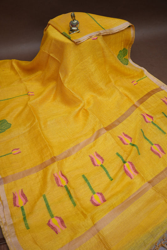 Pure Silk Linen Tissue Handwoven Jamdani Saree – Mustard Yellow with Lotus Motifs