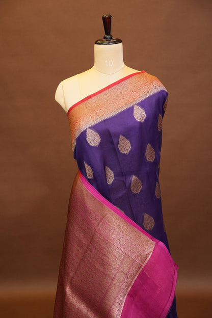 Pure Banarasi Organza(Kora) Silk Handloom Saree with Antique Zari Buttas & Border – Deep Purple & Pink | Silk Mark Certified
