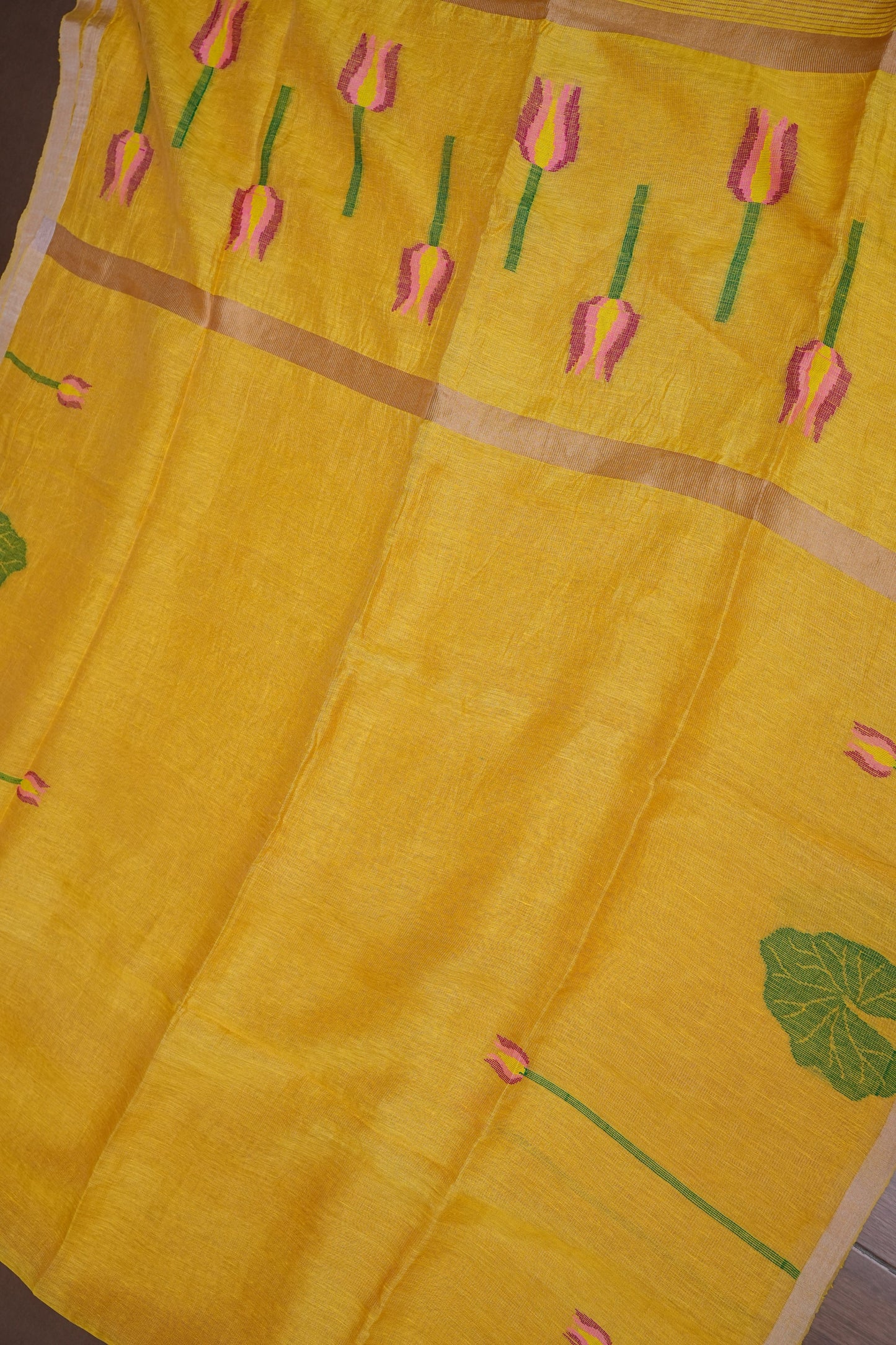 Pure Silk Linen Tissue Handwoven Jamdani Saree – Mustard Yellow with Lotus Motifs