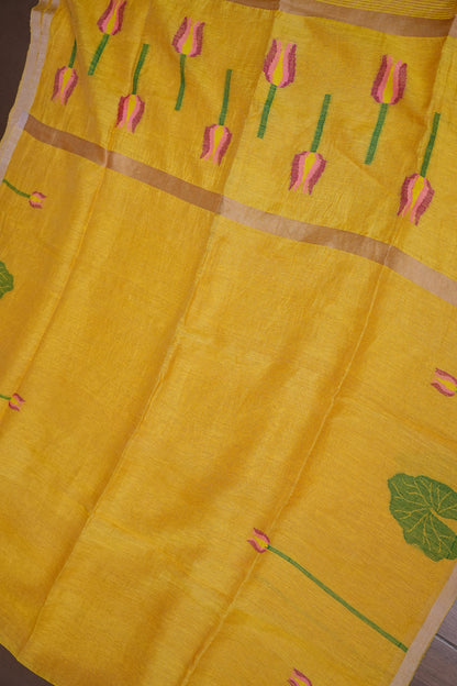 Pure Silk Linen Tissue Handwoven Jamdani Saree – Mustard Yellow with Lotus Motifs