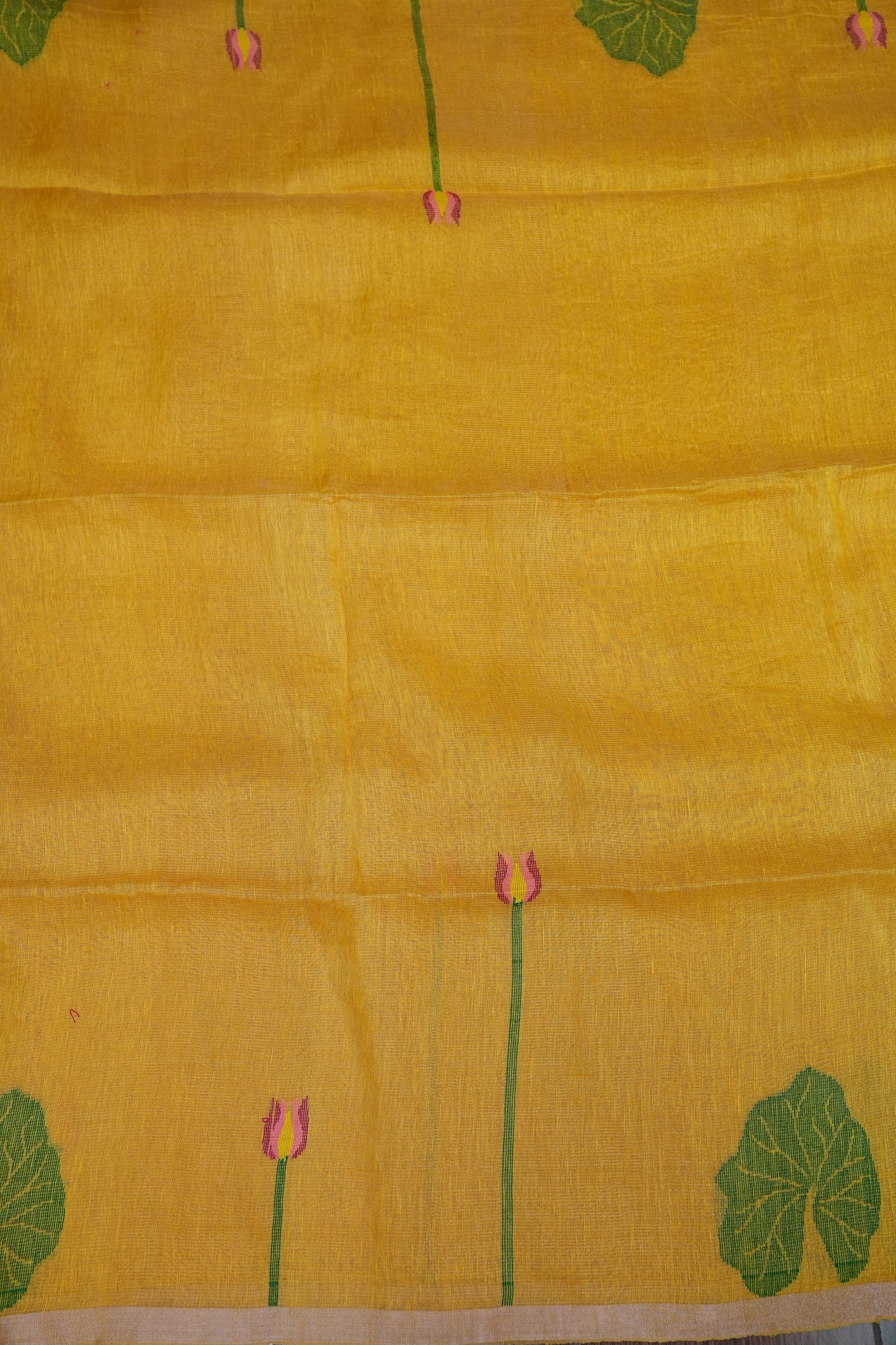 Pure Silk Linen Tissue Handwoven Jamdani Saree – Mustard Yellow with Lotus Motifs