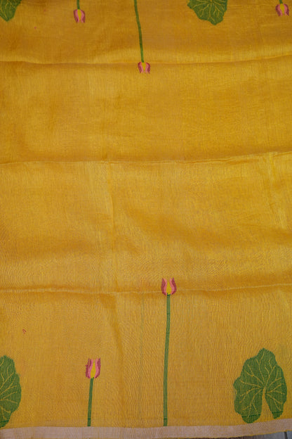 Pure Silk Linen Tissue Handwoven Jamdani Saree – Mustard Yellow with Lotus Motifs