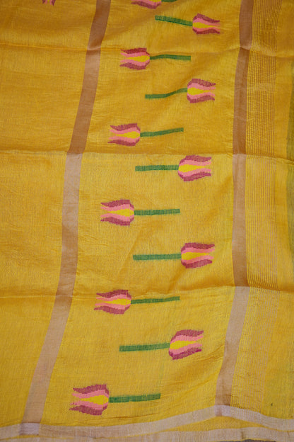 Pure Silk Linen Tissue Handwoven Jamdani Saree – Mustard Yellow with Lotus Motifs
