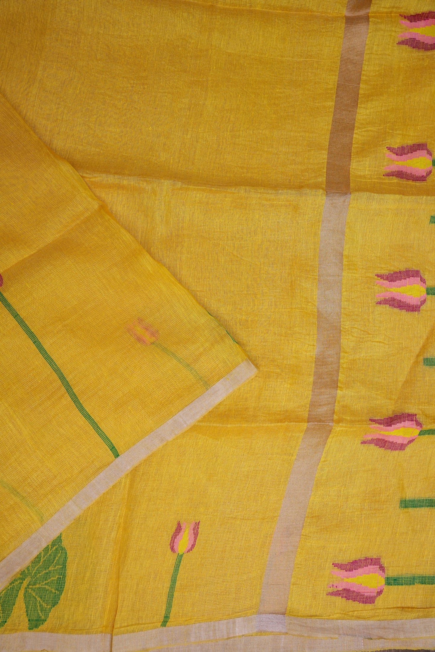 Pure Silk Linen Tissue Handwoven Jamdani Saree – Mustard Yellow with Lotus Motifs