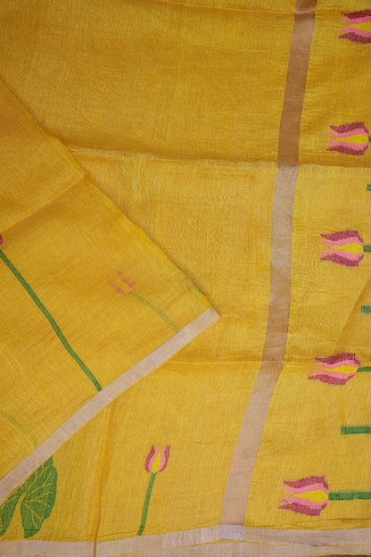Pure Silk Linen Tissue Handwoven Jamdani Saree – Mustard Yellow with Lotus Motifs