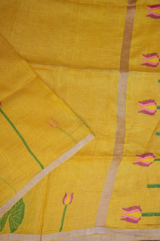 Pure Silk Linen Tissue Handwoven Jamdani Saree – Mustard Yellow with Lotus Motifs