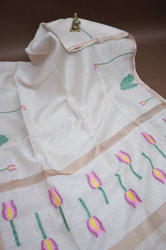 Pure Silk Linen Tissue Handwoven Jamdani Saree – Ivory White with Lotus Motifs