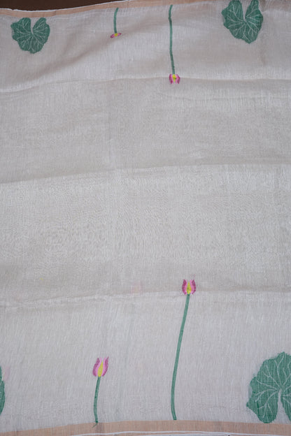 Pure Silk Linen Tissue Handwoven Jamdani Saree – Ivory White with Lotus Motifs