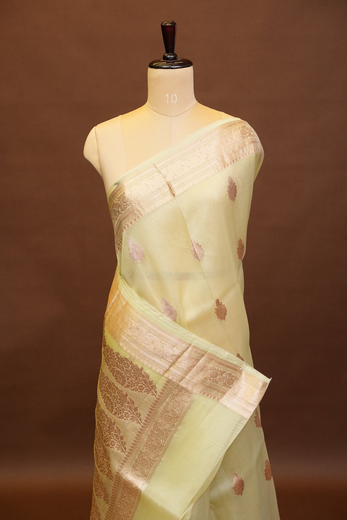 Pure Banarasi Organza(Kora) Silk Handloom Saree with Rose Gold Zari Buttas & Border – Lemon Yellow | Silk Mark Certified