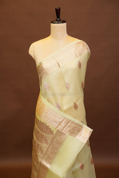 Pure Banarasi Organza(Kora) Silk Handloom Saree with Rose Gold Zari Buttas & Border – Lemon Yellow | Silk Mark Certified