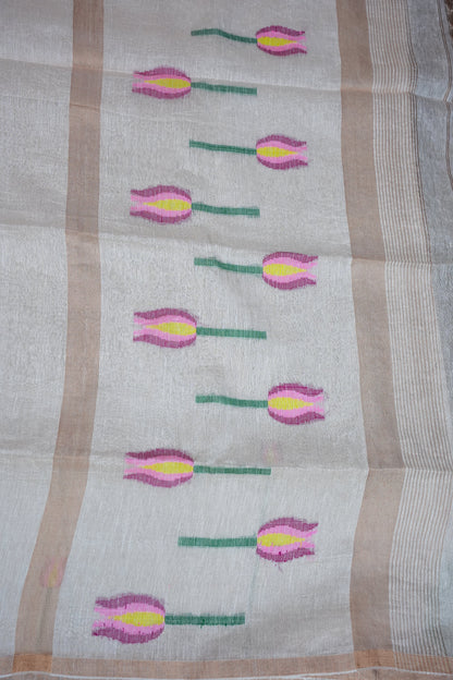 Pure Silk Linen Tissue Handwoven Jamdani Saree – Ivory White with Lotus Motifs