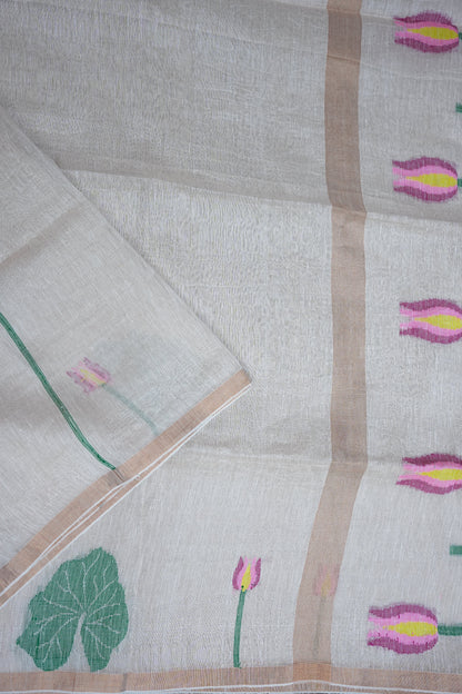 Pure Silk Linen Tissue Handwoven Jamdani Saree – Ivory White with Lotus Motifs