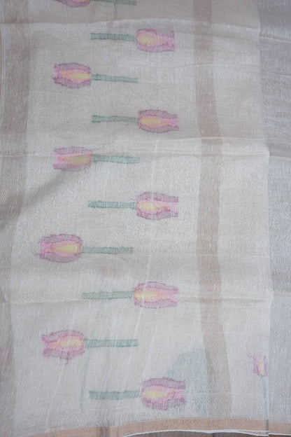 Pure Silk Linen Tissue Handwoven Jamdani Saree – Ivory White with Lotus Motifs