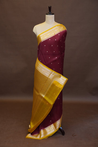 Pure Banarasi Organza (Kora) Silk Handloom Saree with Antique Gold Zari Buttas & Border – Maroon & Mustard | Silk Mark Certified