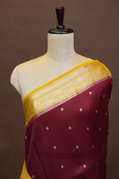 Pure Banarasi Organza (Kora) Silk Handloom Saree with Antique Gold Zari Buttas & Border – Maroon & Mustard | Silk Mark Certified