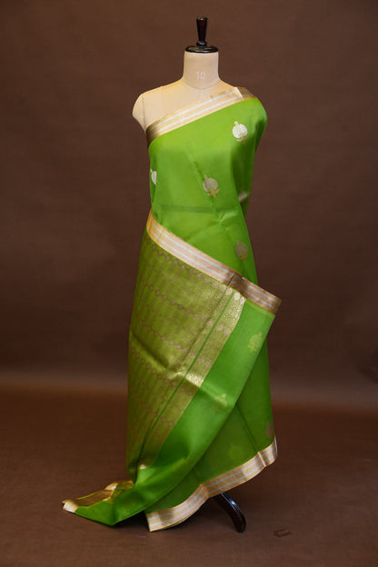 Pure Banarasi Organza(Kora) Silk Handloom Saree with Gold Zari Buttas & Border – Parrot Green | Silk Mark Certified