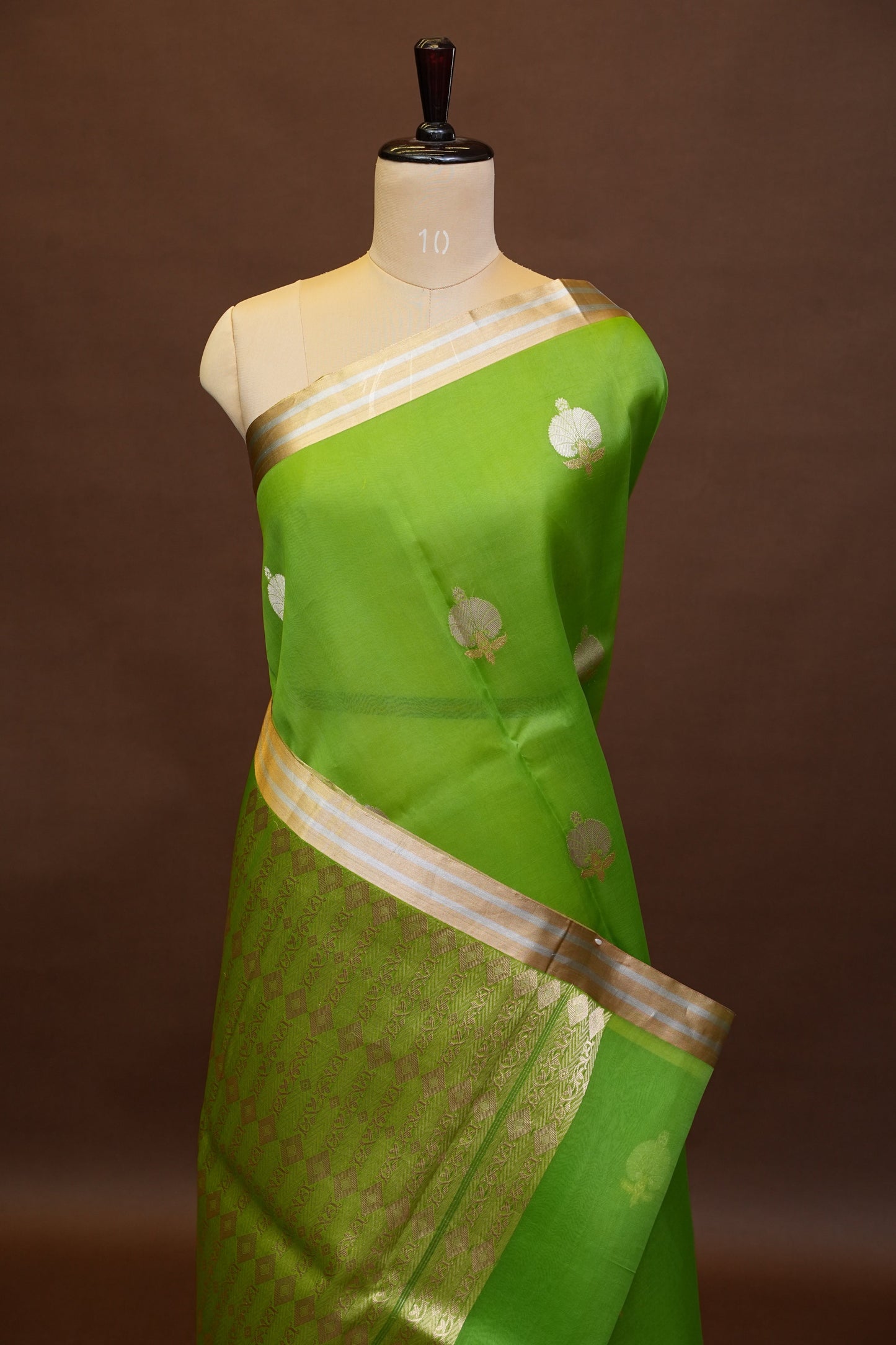 Pure Banarasi Organza(Kora) Silk Handloom Saree with Gold Zari Buttas & Border – Parrot Green | Silk Mark Certified