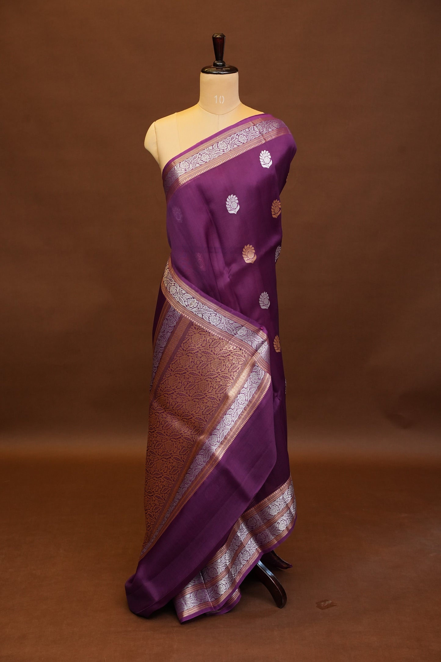 Pure Banarasi Organza(Kora) Silk Handloom Saree with Gold & Silver Zari Buttas – Burgundy | Silk Mark Certified