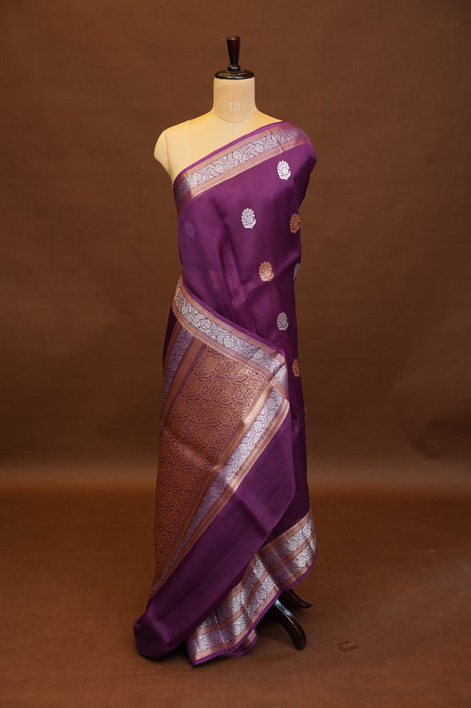 Pure Banarasi Organza(Kora) Silk Handloom Saree with Gold & Silver Zari Buttas – Burgundy | Silk Mark Certified