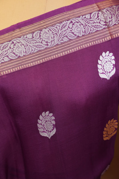 Pure Banarasi Organza(Kora) Silk Handloom Saree with Gold & Silver Zari Buttas – Burgundy | Silk Mark Certified
