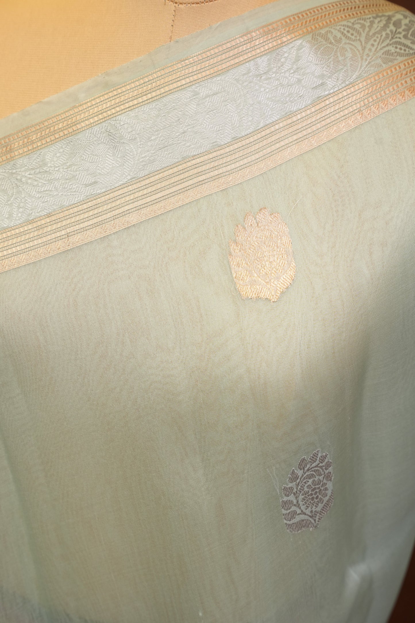 Pure Banarasi Organza(Kora) Silk Handloom Saree with Silver & Gold Zari Buttas & Border – Powder Blue | Silk Mark Certified