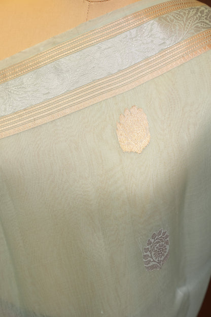 Pure Banarasi Organza(Kora) Silk Handloom Saree with Silver & Gold Zari Buttas & Border – Powder Blue | Silk Mark Certified