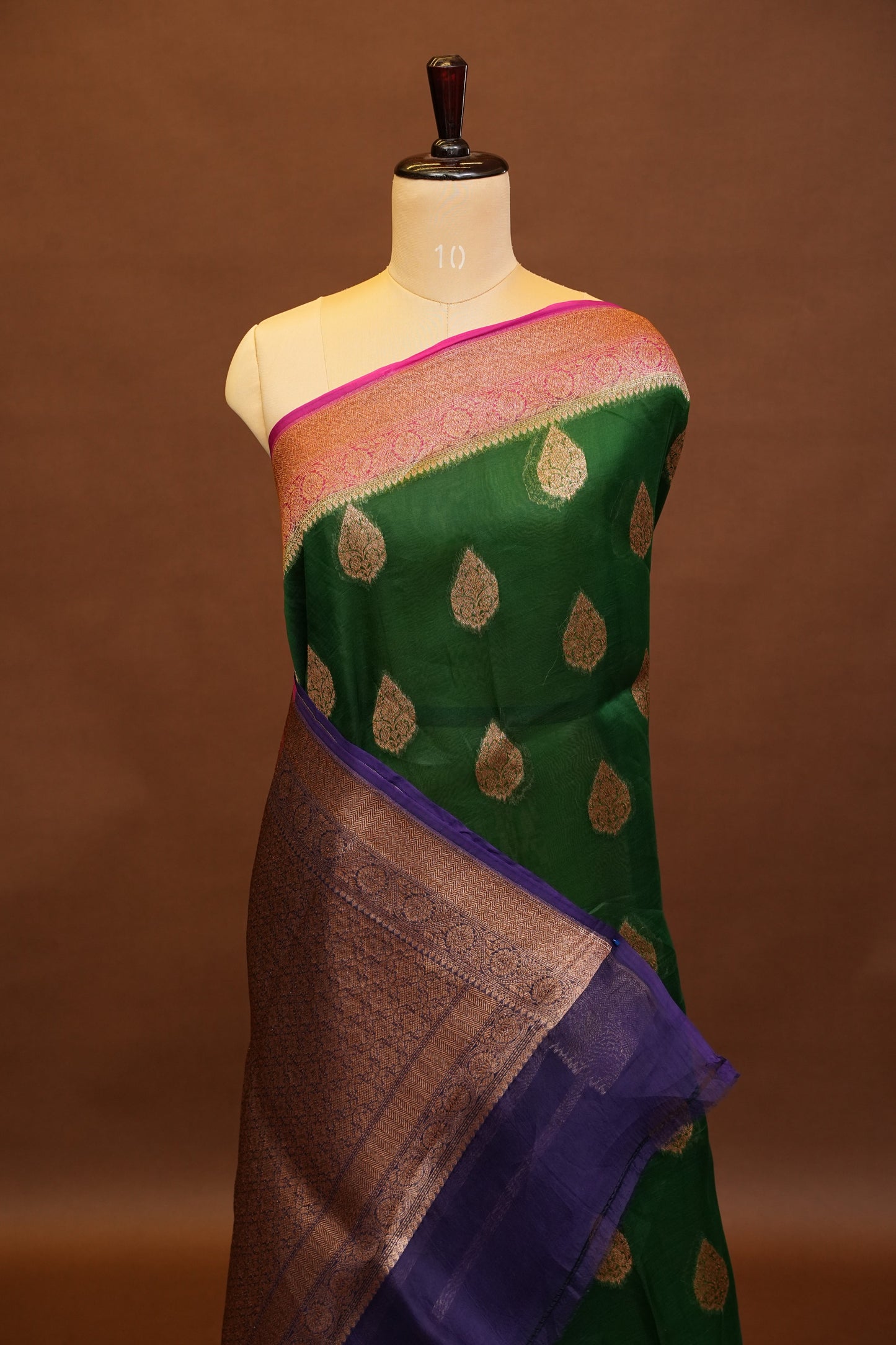 Pure Banarasi Organza(Kora) Silk Handloom Saree with Antique Zari Buttas & Border – Emerald Green with Pink & Purple | Silk Mark Certified