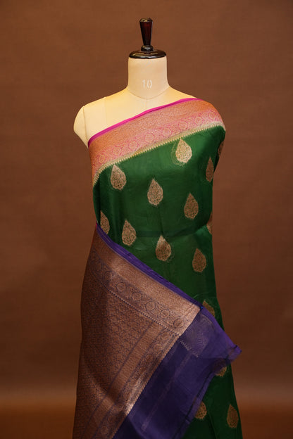 Pure Banarasi Organza(Kora) Silk Handloom Saree with Antique Zari Buttas & Border – Emerald Green with Pink & Purple | Silk Mark Certified